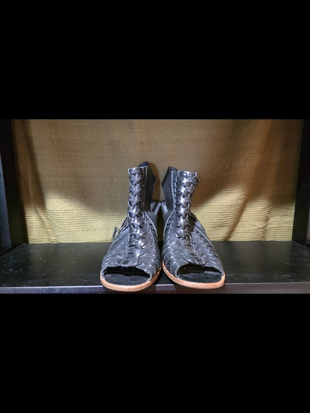 Paul Green Miranda Black Woven Leather Ankle Booties with Open Toe